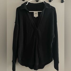 aerie Black Waffle-Knit Pullover Hoodie